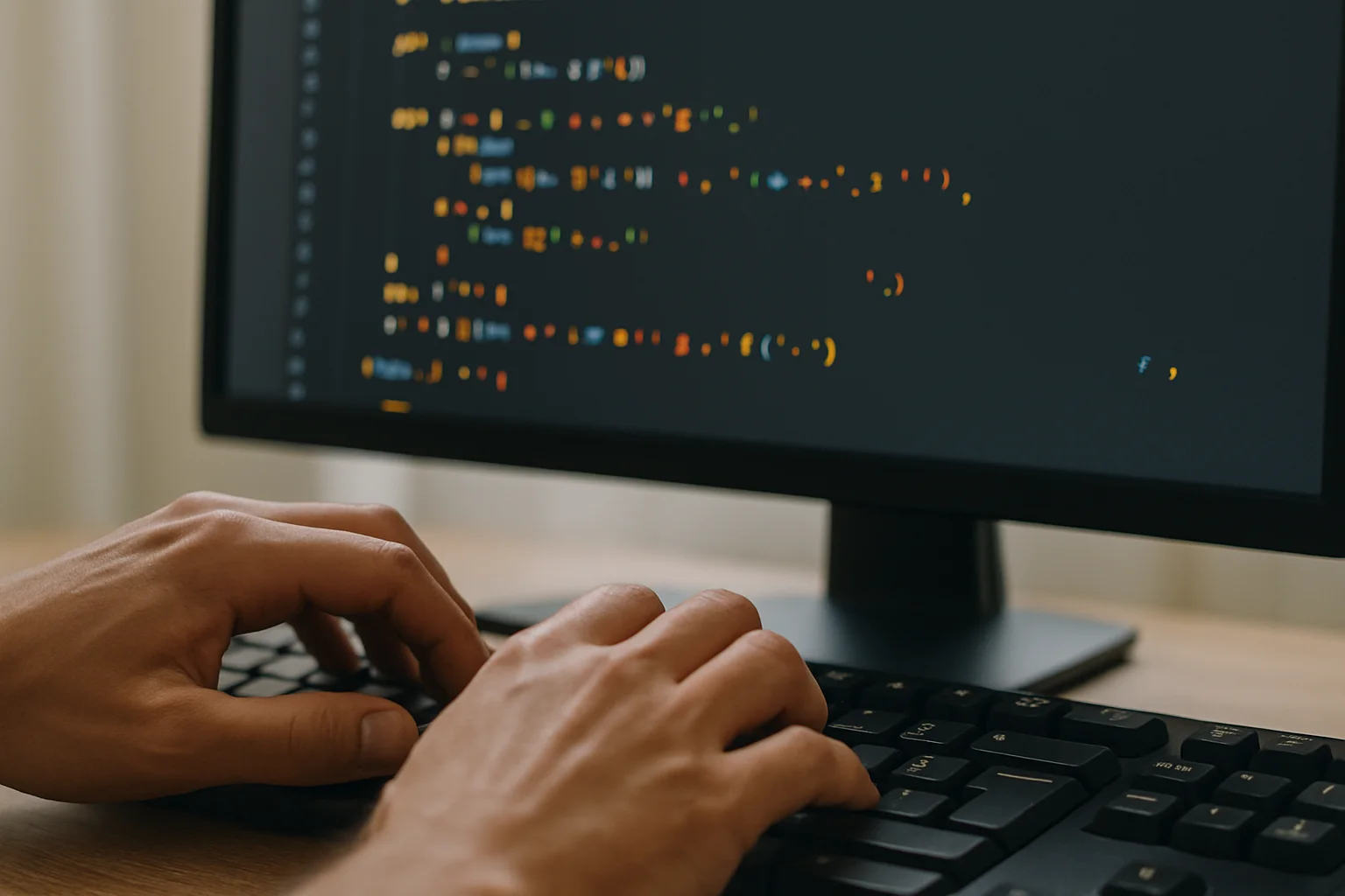 Gros plan de mains tapant au clavier devant un écran d’éditeur de code Python non lisible, évoquant des guillemets, apostrophes et caractères spéciaux.