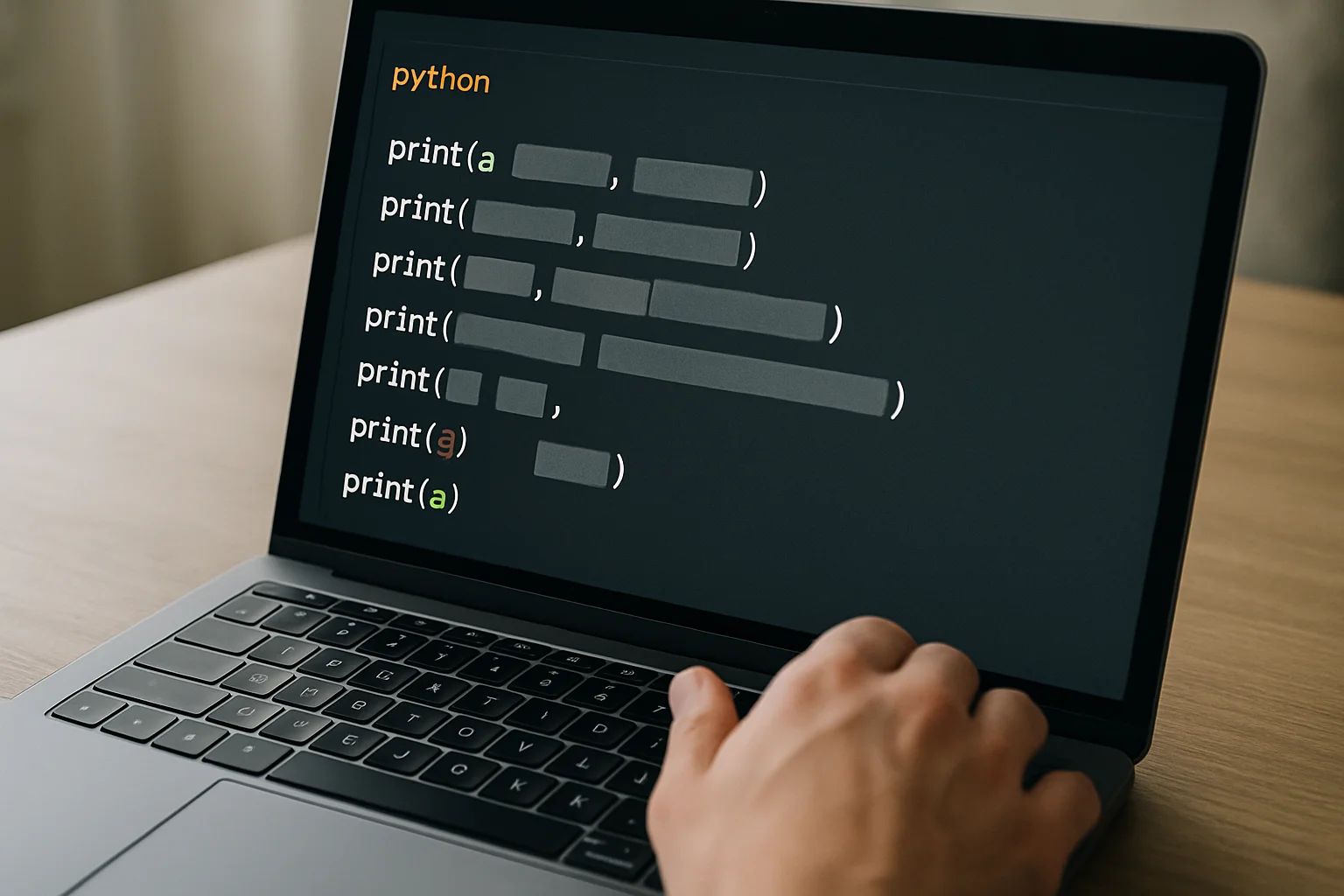 Écran d’éditeur Python non lisible montrant plusieurs blocs séparés par des espaces de tailles différentes, avec une main près du clavier.