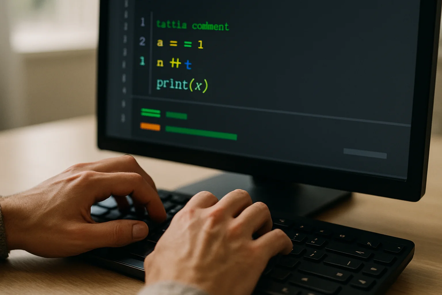 Mains écrivant un mini-programme Python devant un écran non lisible qui évoque du texte, des variables, des séparateurs et plusieurs lignes de sortie.