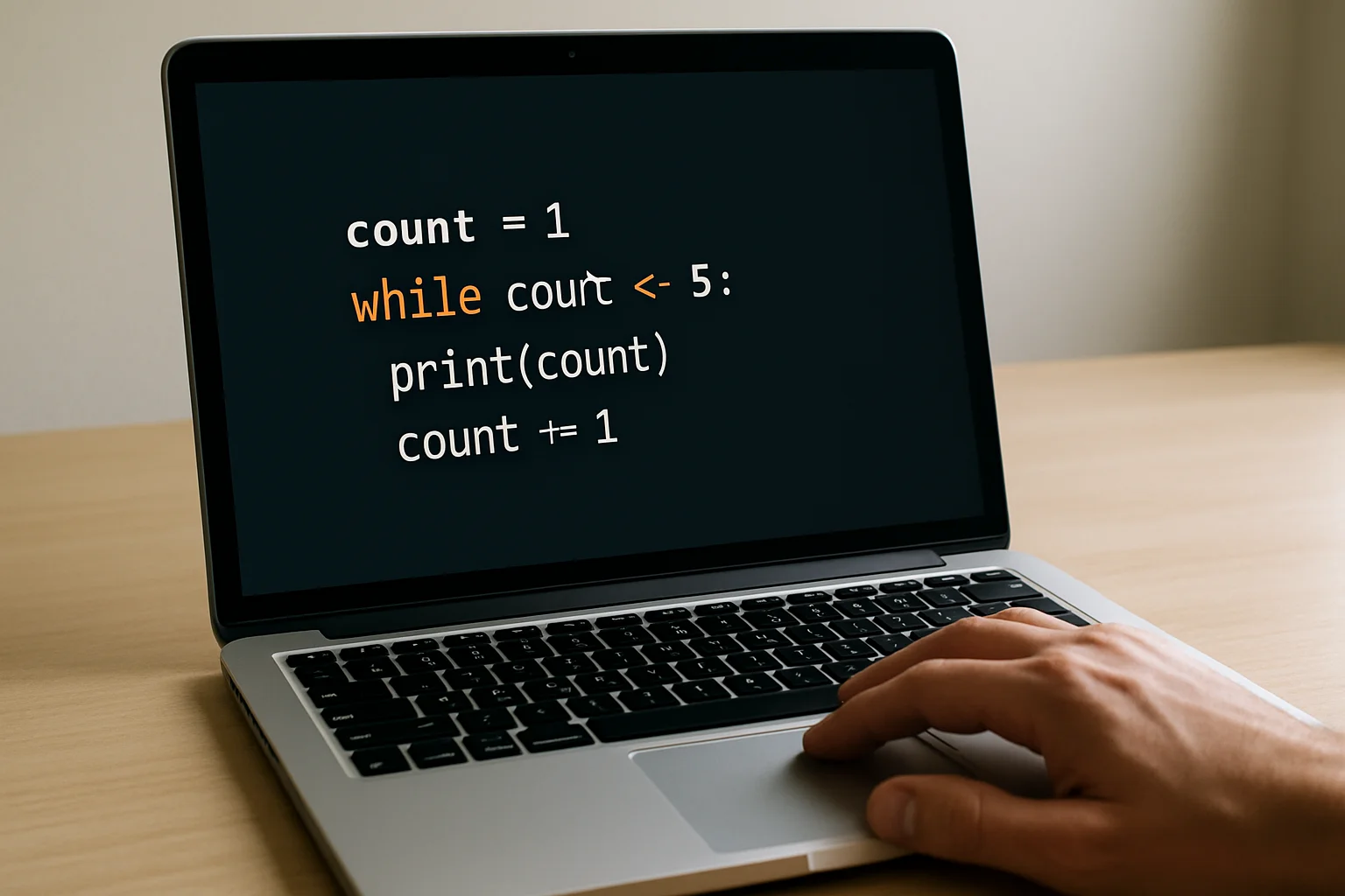 Gros plan réaliste d’un ordinateur portable affichant une boucle while Python simple avec un compteur, avec une main près du pavé tactile sur un bureau sobre.