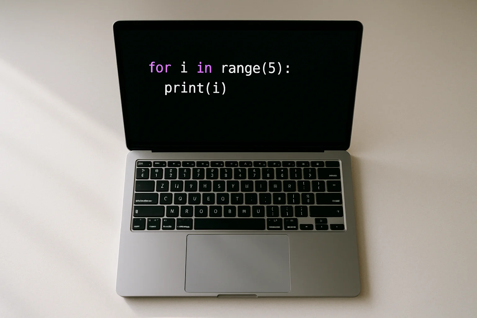 Vue de dessus réaliste d’un ordinateur portable sur un bureau, affichant une boucle for Python utilisant range() dans une fenêtre de code.