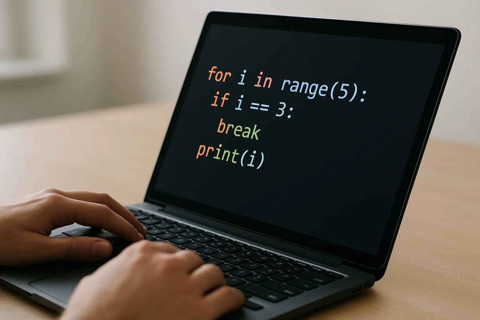 Photo réaliste en angle d’un ordinateur portable montrant un exemple de boucle Python avec une instruction break dans le code.