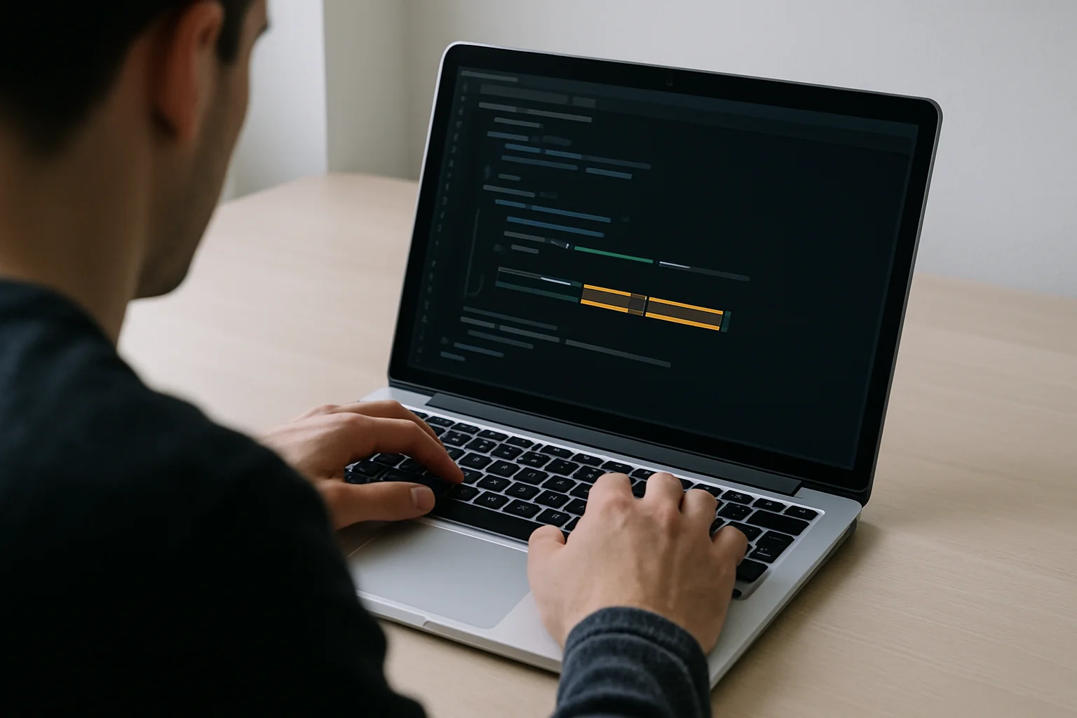 Mains devant un ordinateur portable affichant un éditeur de code où une chaîne est découpée en plusieurs segments visibles.