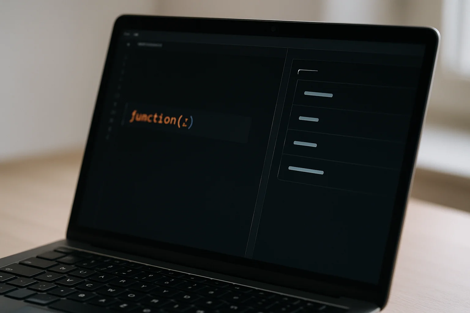 Gros plan sur un ordinateur portable montrant un éditeur de code avec un texte séparé en plusieurs éléments distincts.