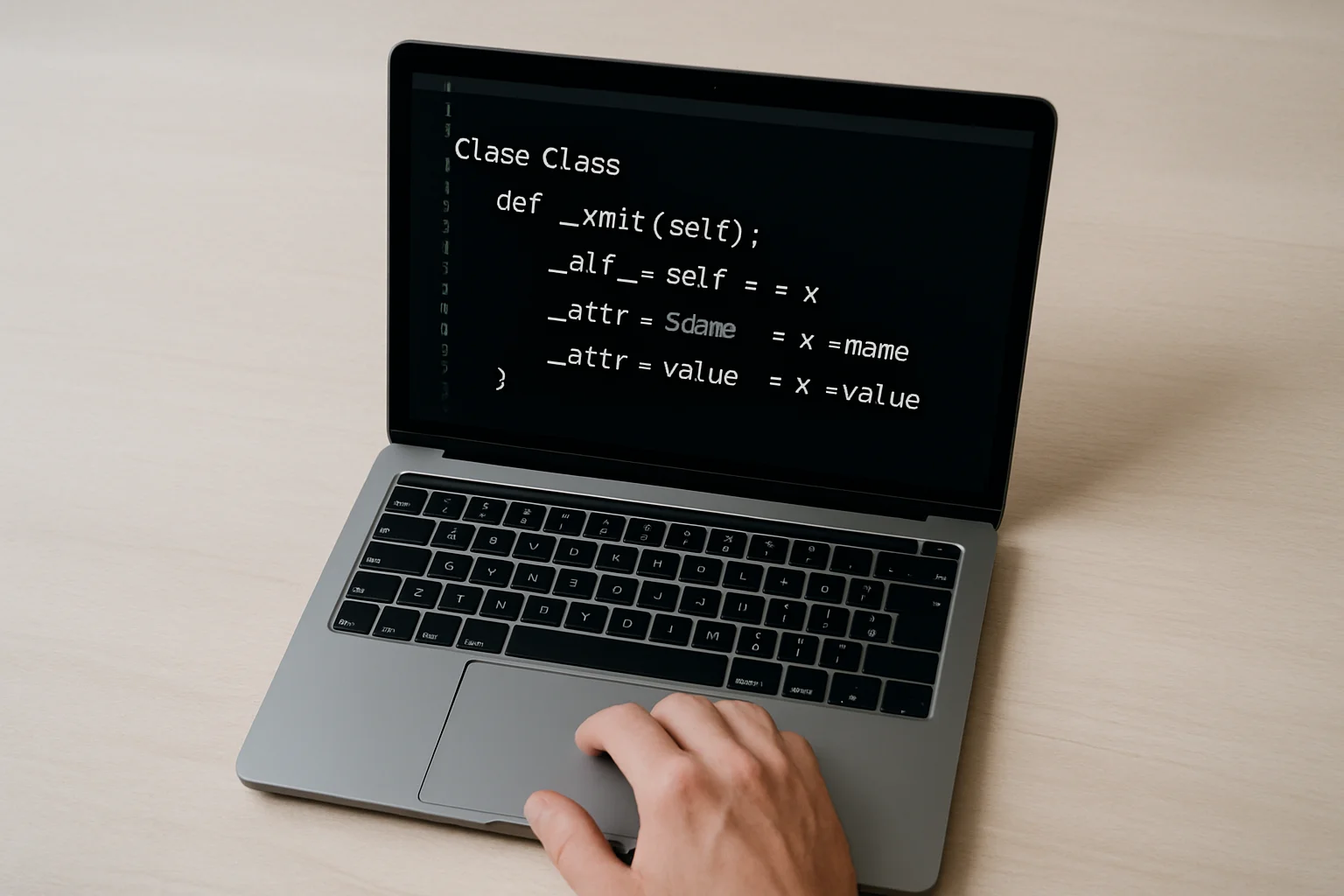 Vue de dessus d’un ordinateur portable montrant une classe Python avec l’ajout d’un constructeur et d’attributs, avec une main près du pavé tactile.