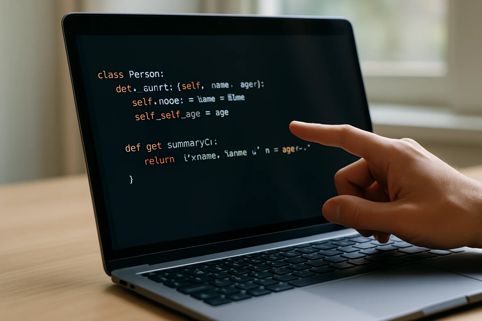 Vue de côté d’un ordinateur portable montrant un exemple Python avec une classe Personne, des attributs et une méthode simple de résumé.