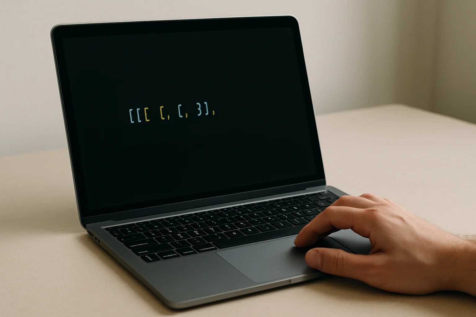 Gros plan réaliste d’un ordinateur portable ouvert sur un bureau simple, avec une expression compacte générant une liste affichée à l’écran et une main près du clavier.
