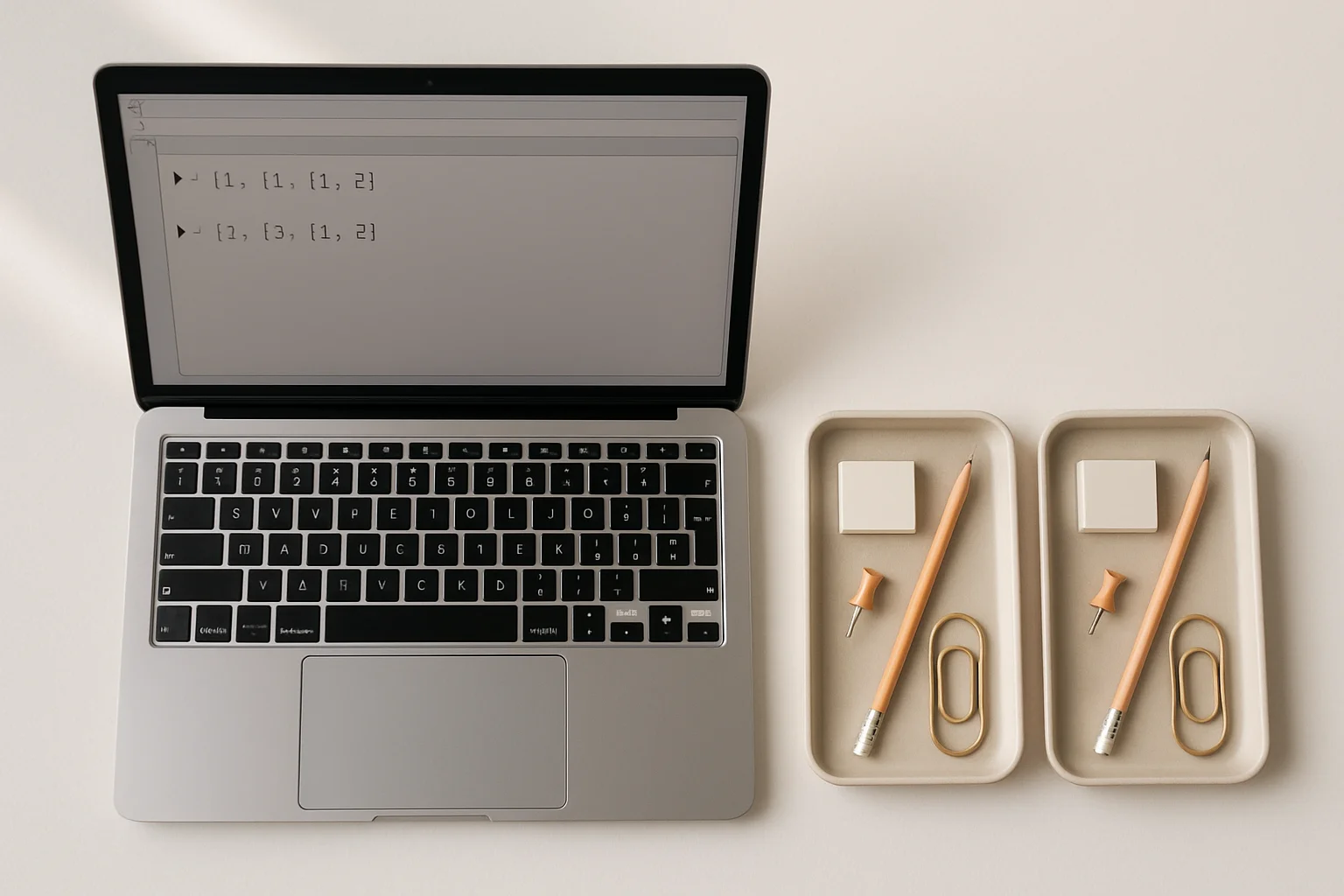 Vue de dessus d’un ordinateur portable sur un bureau propre, avec deux ensembles identiques affichés à l’écran et deux petits plateaux contenant les mêmes objets disposés de la même façon.