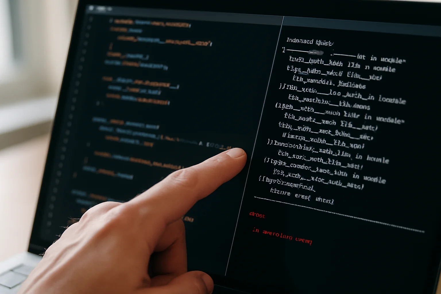 Gros plan sur un ordinateur portable avec un éditeur de code et une console côte à côte, tandis qu’un doigt pointe une ligne précise dans le code indiquée par l’erreur.