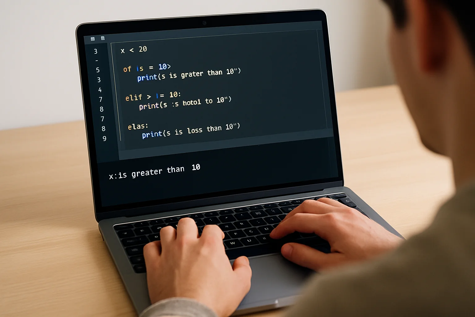 Vue réaliste d’une personne testant pas à pas des conditions Python sur un ordinateur portable.