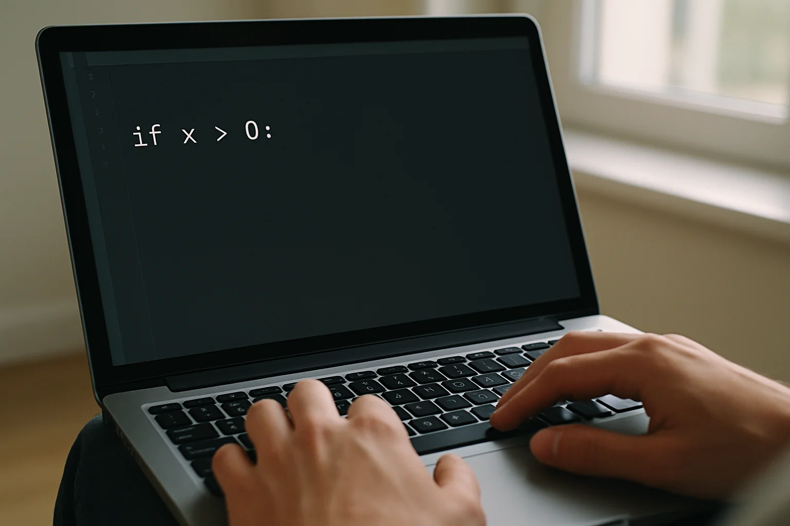 Gros plan réaliste sur un ordinateur portable avec des mains en train d’écrire une instruction if simple dans un éditeur de code Python.