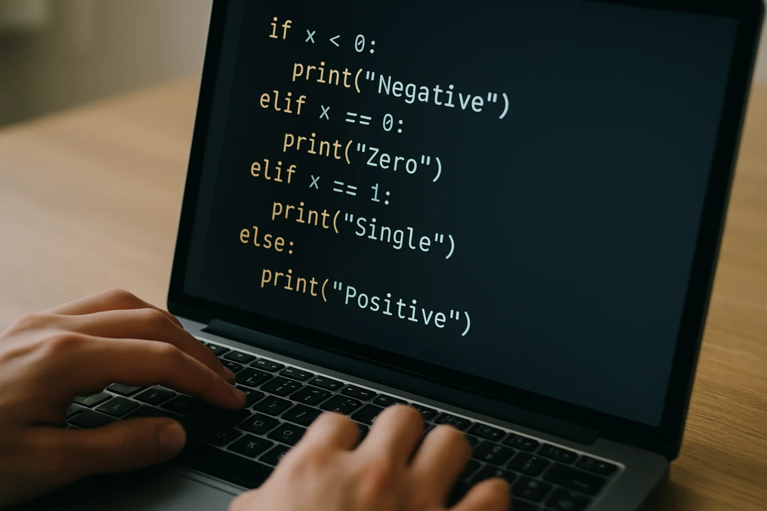 Photo réaliste d’un écran d’ordinateur portable affichant une structure Python avec if, elif et else pour plusieurs cas.