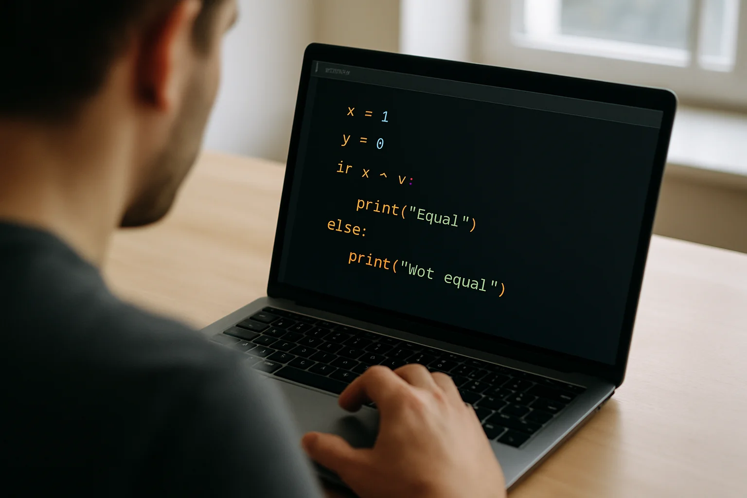 Vue réaliste serrée d’un ordinateur portable avec une condition Python en cours de lecture et de débogage, avec une main sur le pavé tactile.