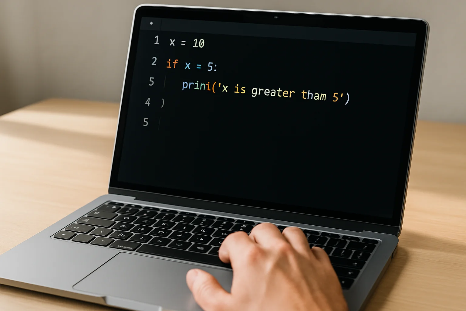 Gros plan réaliste d’un ordinateur portable sur un bureau, affichant un éditeur de code avec un bloc if simple en Python, avec une main près du clavier.