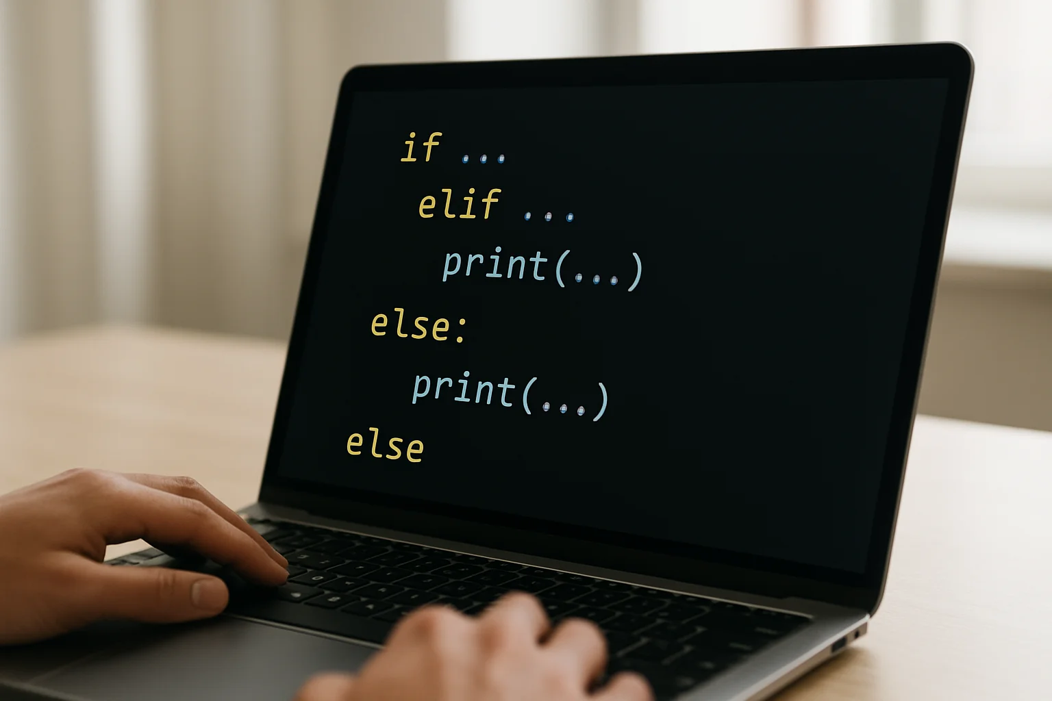 Photo réaliste d’un ordinateur portable affichant une structure conditionnelle Python avec if, elif et else dans un éditeur de code.