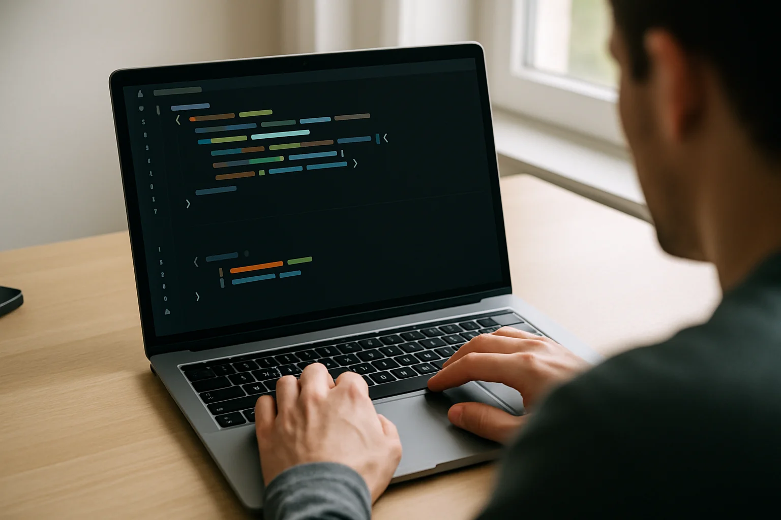 Des mains utilisent un ordinateur portable avec un éditeur de code flou montrant le remplacement d’une fonction par une forme de code plus courte, sur un bureau simple éclairé par la lumière du jour.