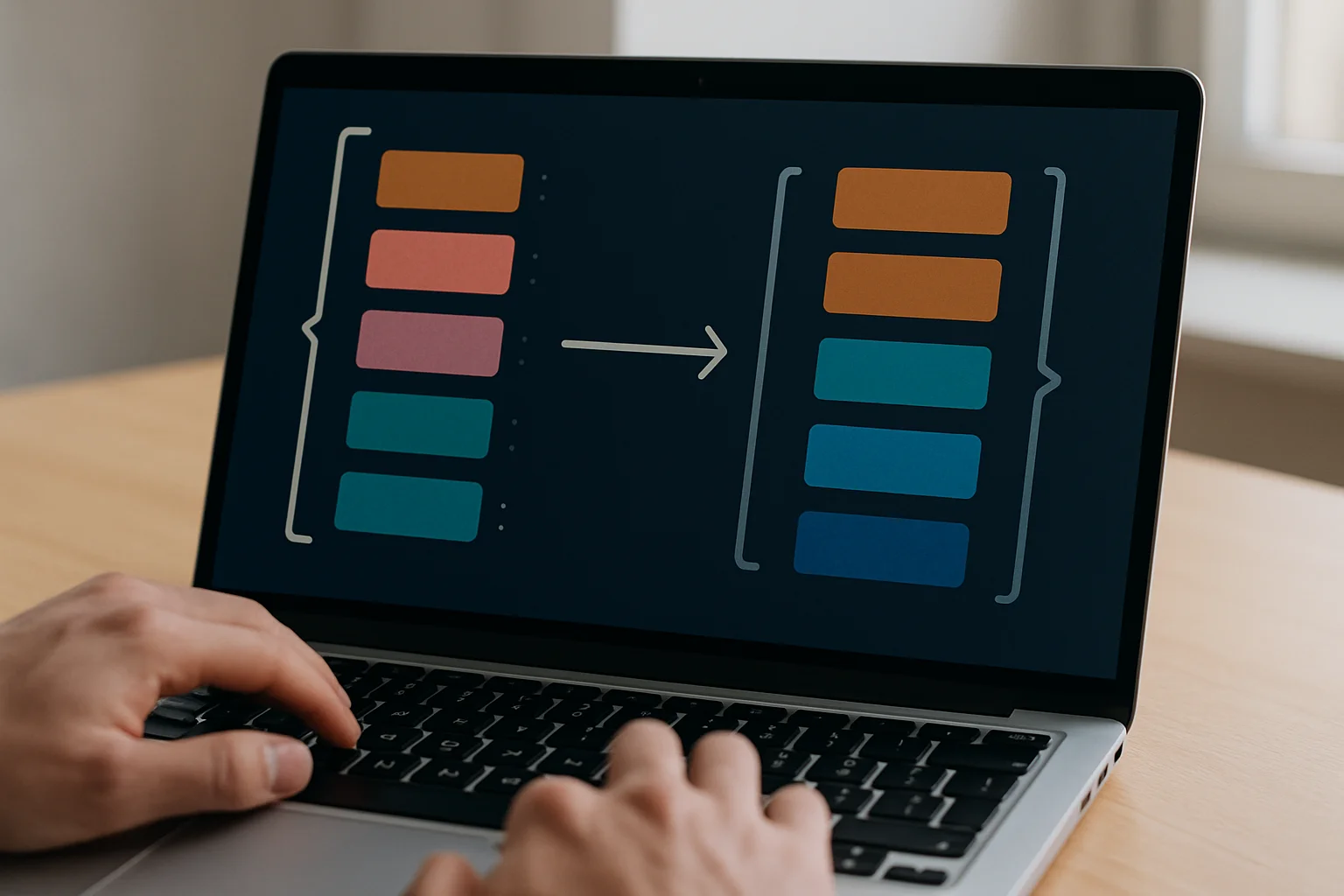 Gros plan sur un ordinateur portable avec une interface de code floue suggérant la transformation d’une série de valeurs en une nouvelle série, avec les mains près du clavier.