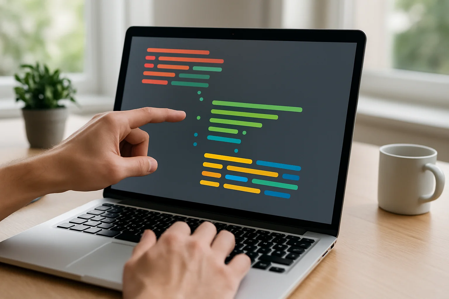 Un ordinateur portable affiche une structure de code floue suggérant deux opérations successives sur une même suite de valeurs, avec une main pointant l’écran et l’autre près du clavier.