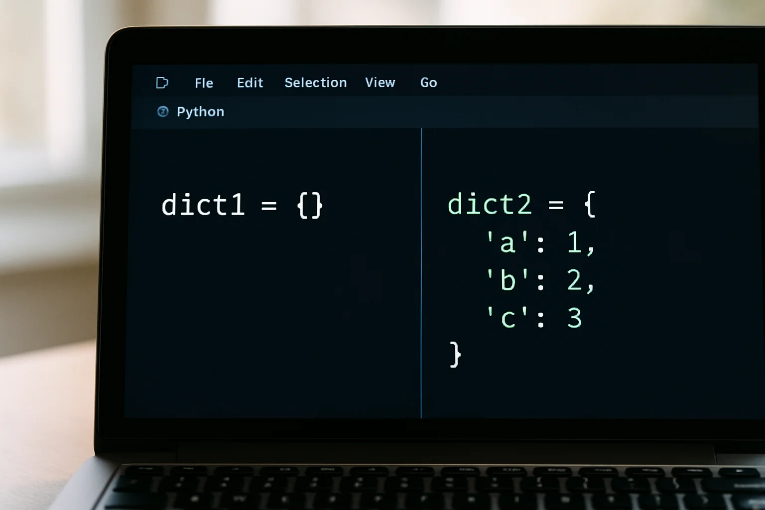 Gros plan sur un ordinateur portable affichant dans un éditeur Python un dictionnaire vide et un dictionnaire contenant quelques paires clé-valeur.