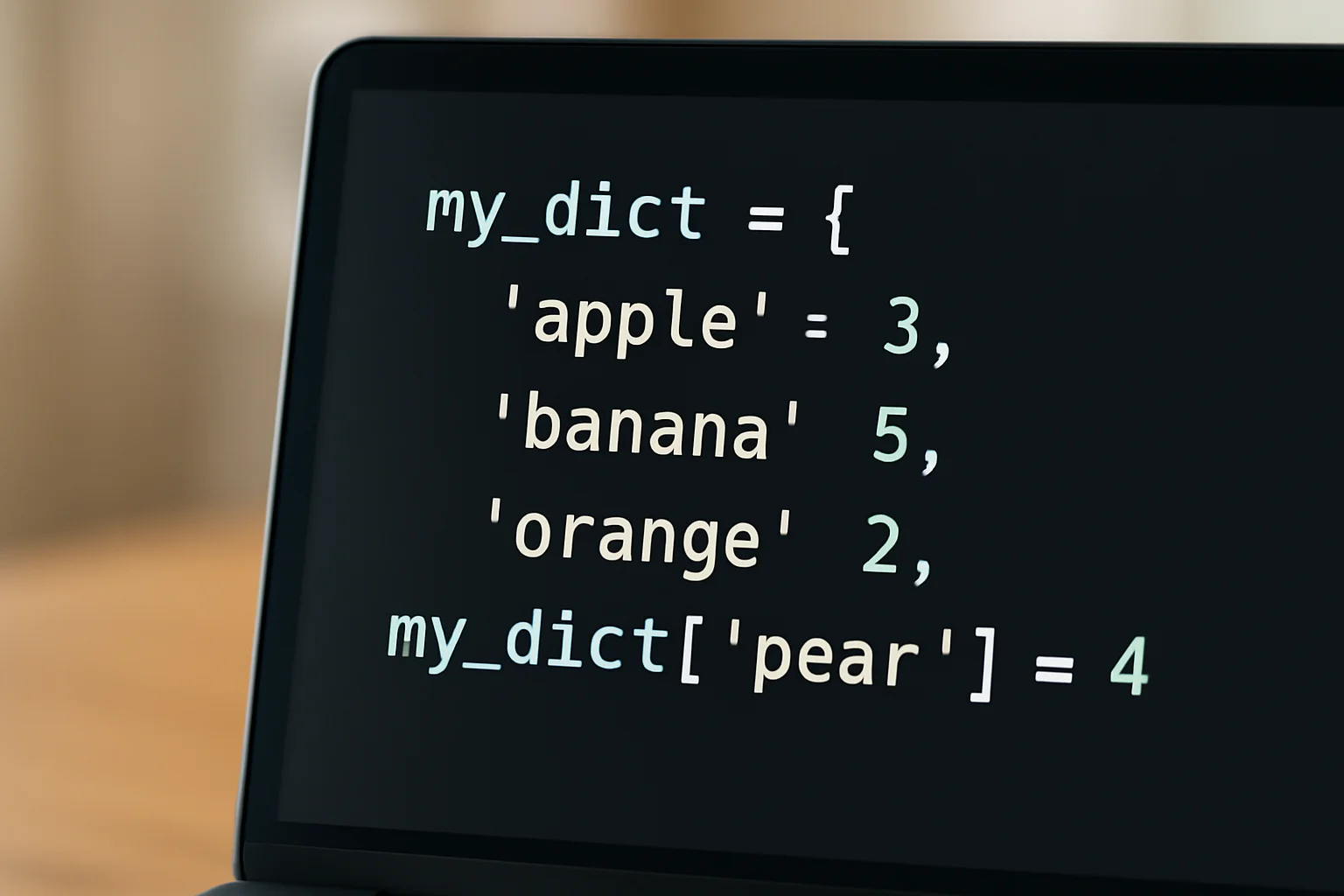 Écran d’ordinateur montrant du code Python où une nouvelle paire clé-valeur est ajoutée à un dictionnaire existant.