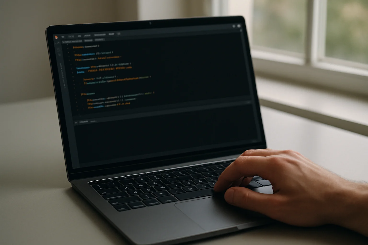 Un ordinateur portable posé sur un bureau simple, avec une main près du clavier pour commencer une session Python.