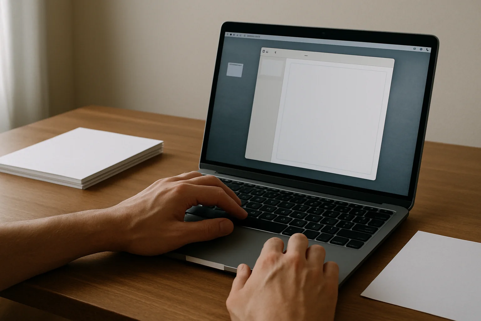 Sur un bureau, des mains utilisent un ordinateur portable à côté de feuilles blanches, pour illustrer la création puis la relecture d’un fichier.