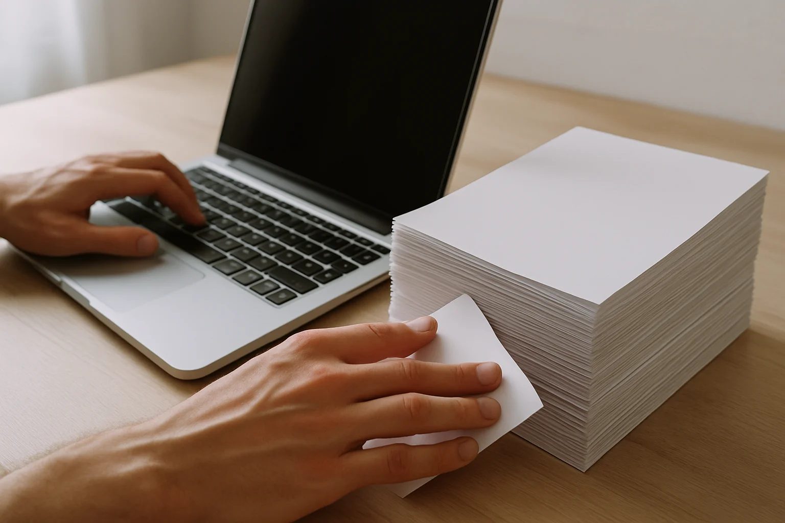 Un ordinateur portable à côté d’une pile de feuilles blanches plus épaisse illustre l’ajout de contenu sans effacer l’ancien.