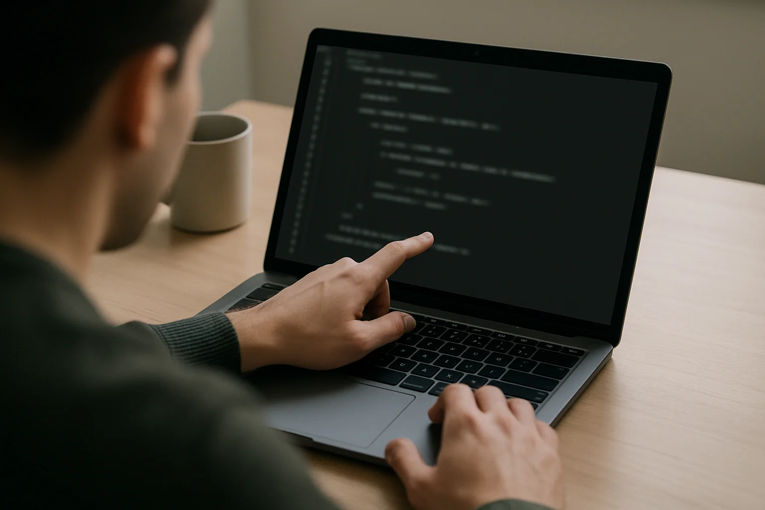 Une personne utilise un ordinateur portable avec un écran montrant des lignes floues de code, dans une scène sobre éclairée par la lumière naturelle.