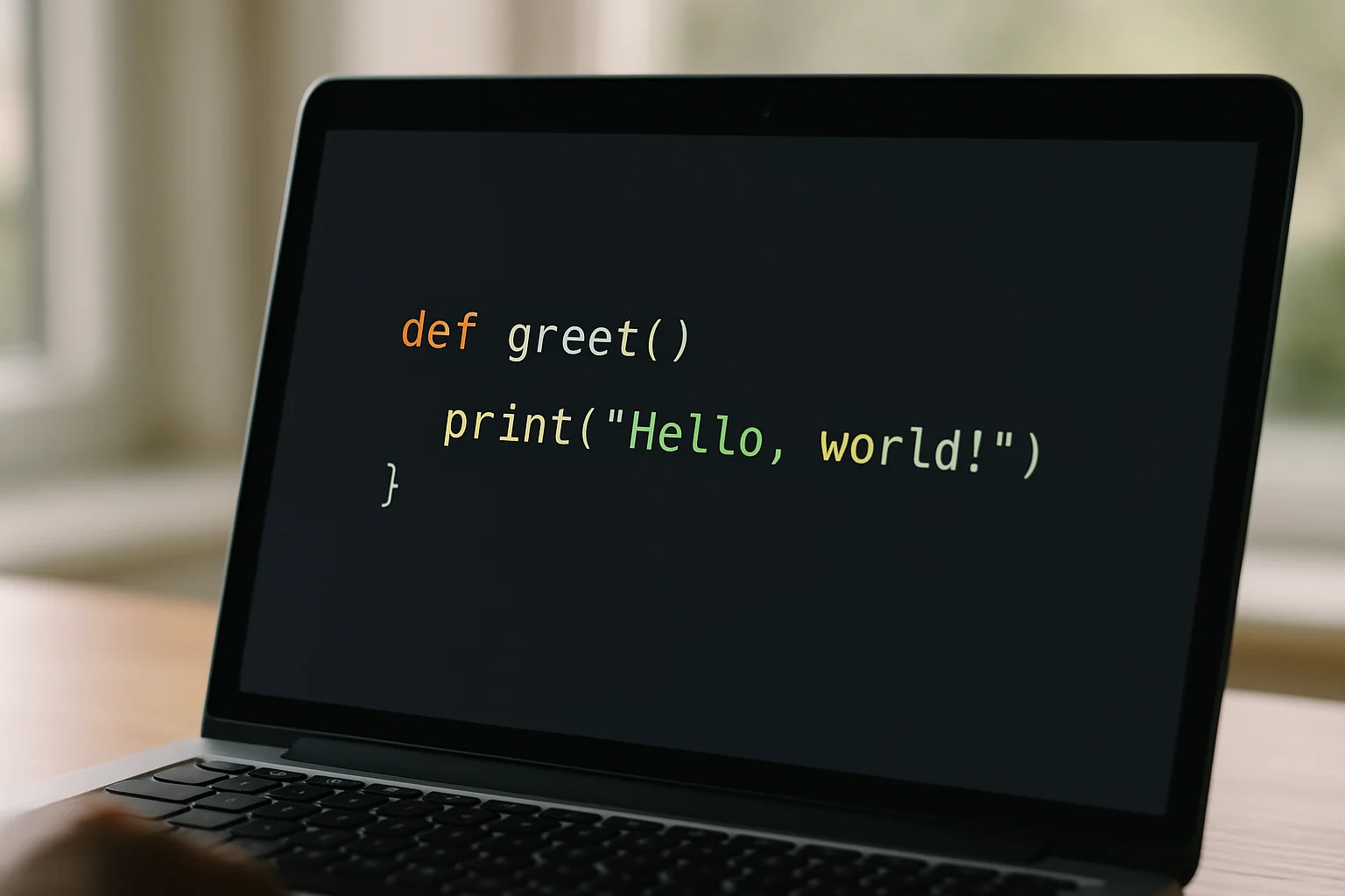 Gros plan réaliste d’un écran d’ordinateur affichant dans un éditeur Python la définition d’une fonction simple avec def et un bloc indenté.