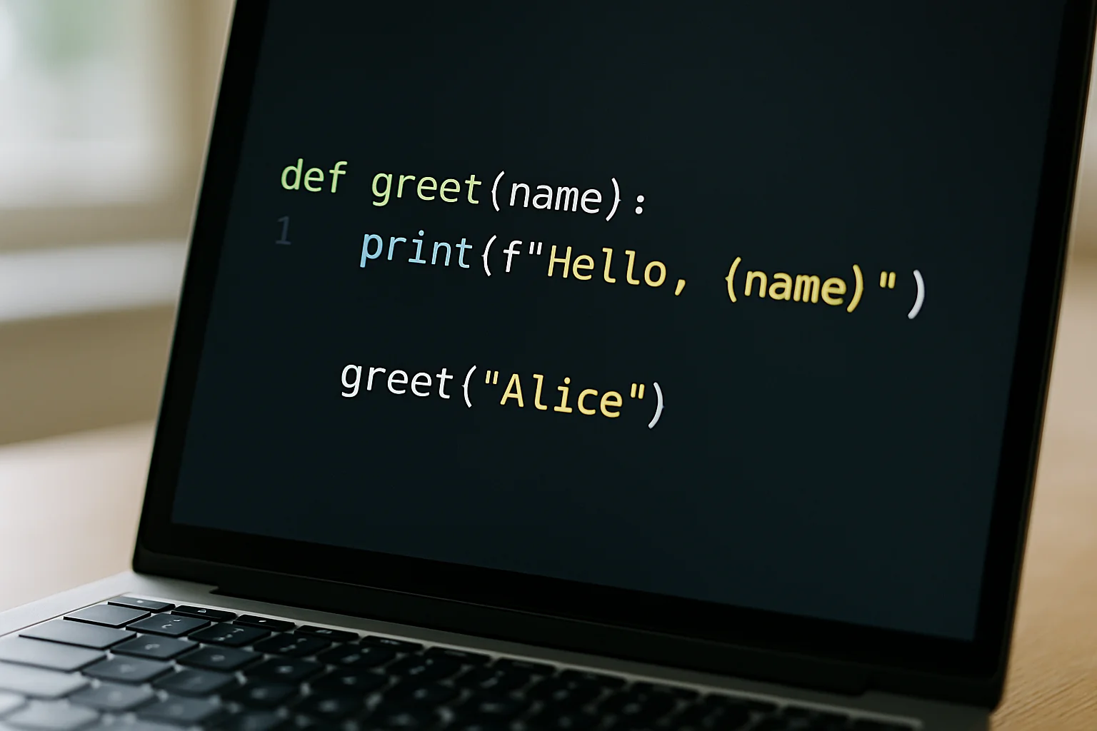 Photo réaliste d’un écran montrant une fonction Python avec un paramètre puis son appel avec un argument.