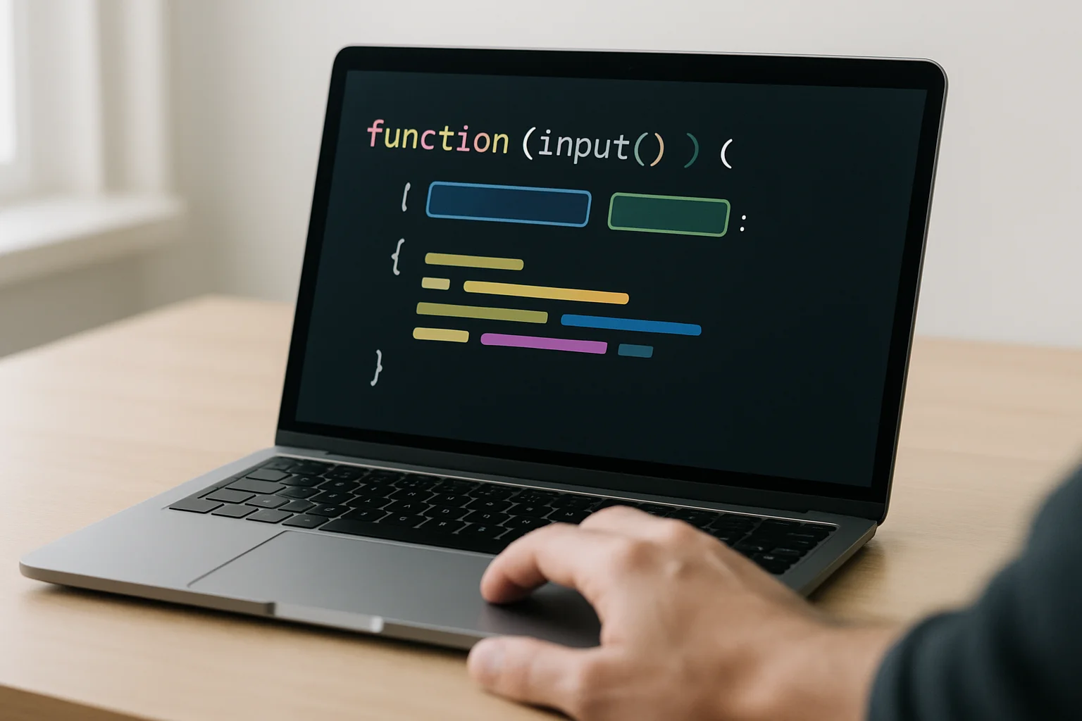 Un ordinateur portable sur un bureau montre un éditeur de code avec une structure de fonction où une zone d’entrée semble préremplie visuellement tandis qu’une autre reste vide, avec une main près du pavé tactile.