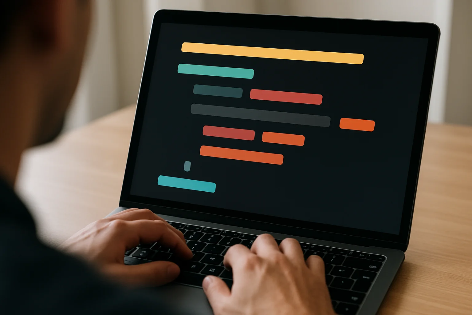 Des mains tapent sur un ordinateur portable affichant un appel de fonction avec plusieurs segments distincts suggérant des paramètres nommés dans un éditeur de code sans texte lisible.