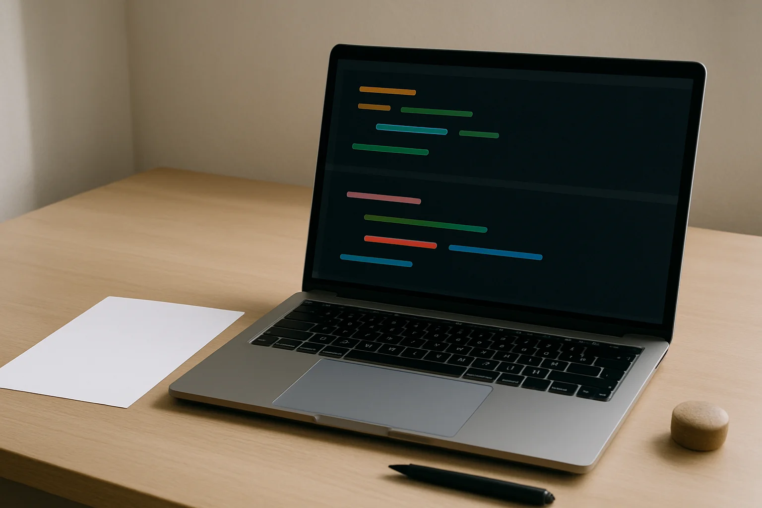 Un ordinateur portable sur un bureau montre deux zones de code visuellement séparées, avec des objets posés à distance pour évoquer une séparation entre une portée locale et une portée extérieure.