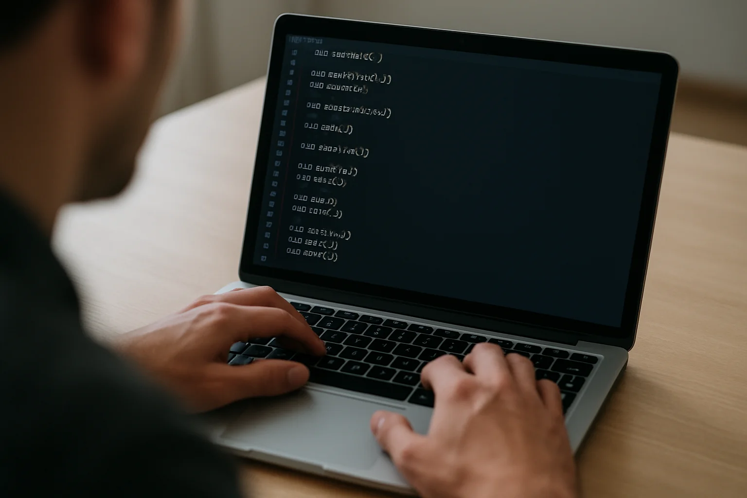 Vue rapprochée d’un ordinateur portable avec un script Python en cours d’édition, pendant l’ajout de plusieurs appels à des fonctions mathématiques, avec deux mains visibles.