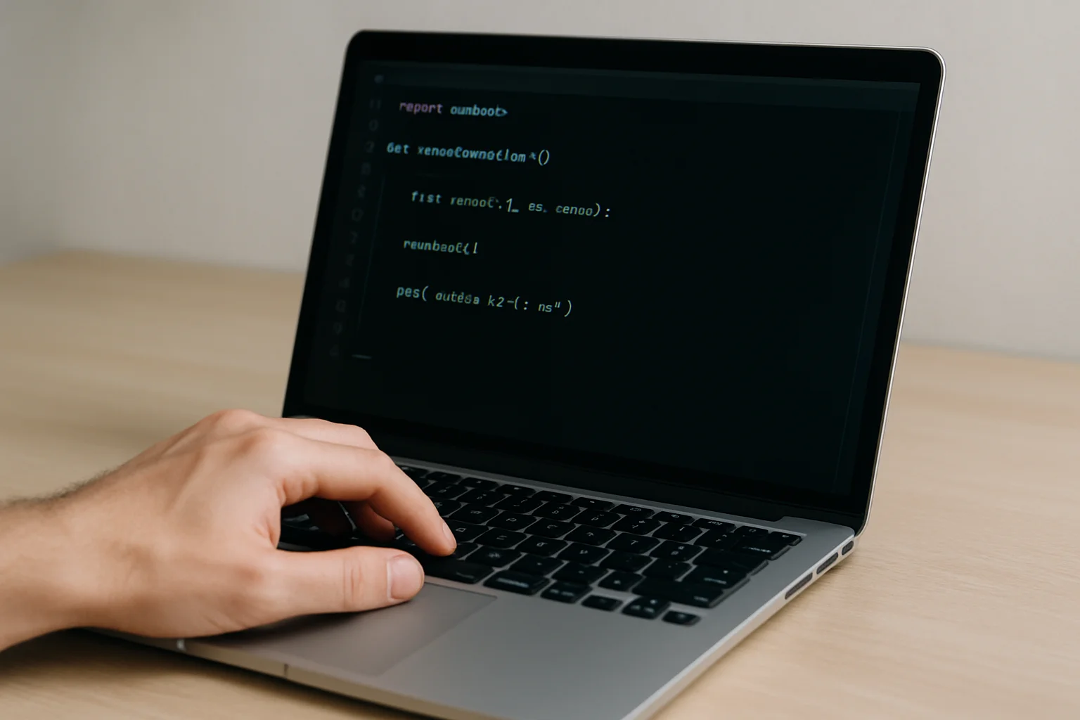 Gros plan sur un ordinateur portable et une main au clavier pendant la création d’un script Python qui choisit un élément au hasard.