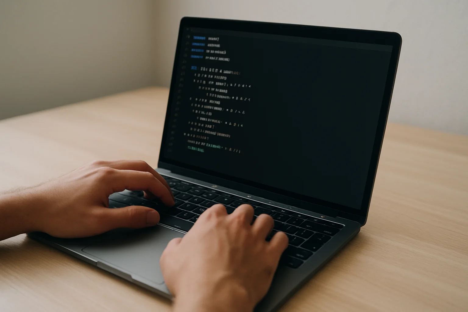 Photo d’un ordinateur portable avec un petit programme Python combinant des opérations mathématiques et de l’aléatoire, pendant la saisie au clavier.