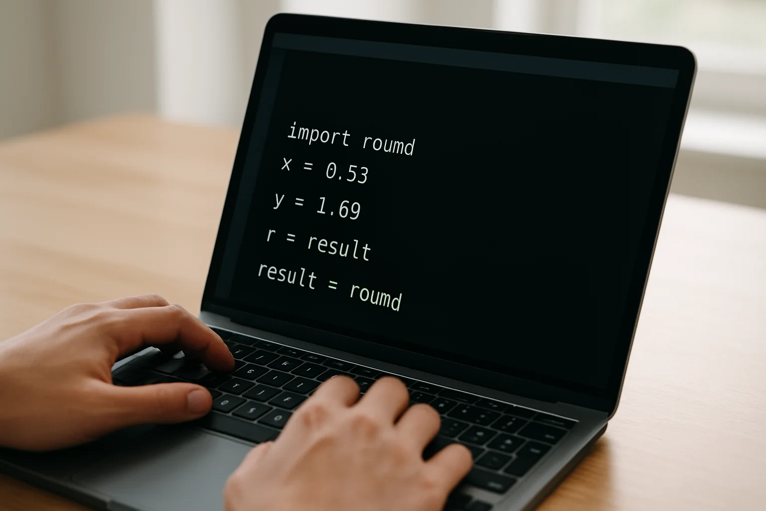 Un ordinateur portable affiche du code Python pour arrondir un résultat décimal, avec des mains proches du clavier sur un bureau épuré.