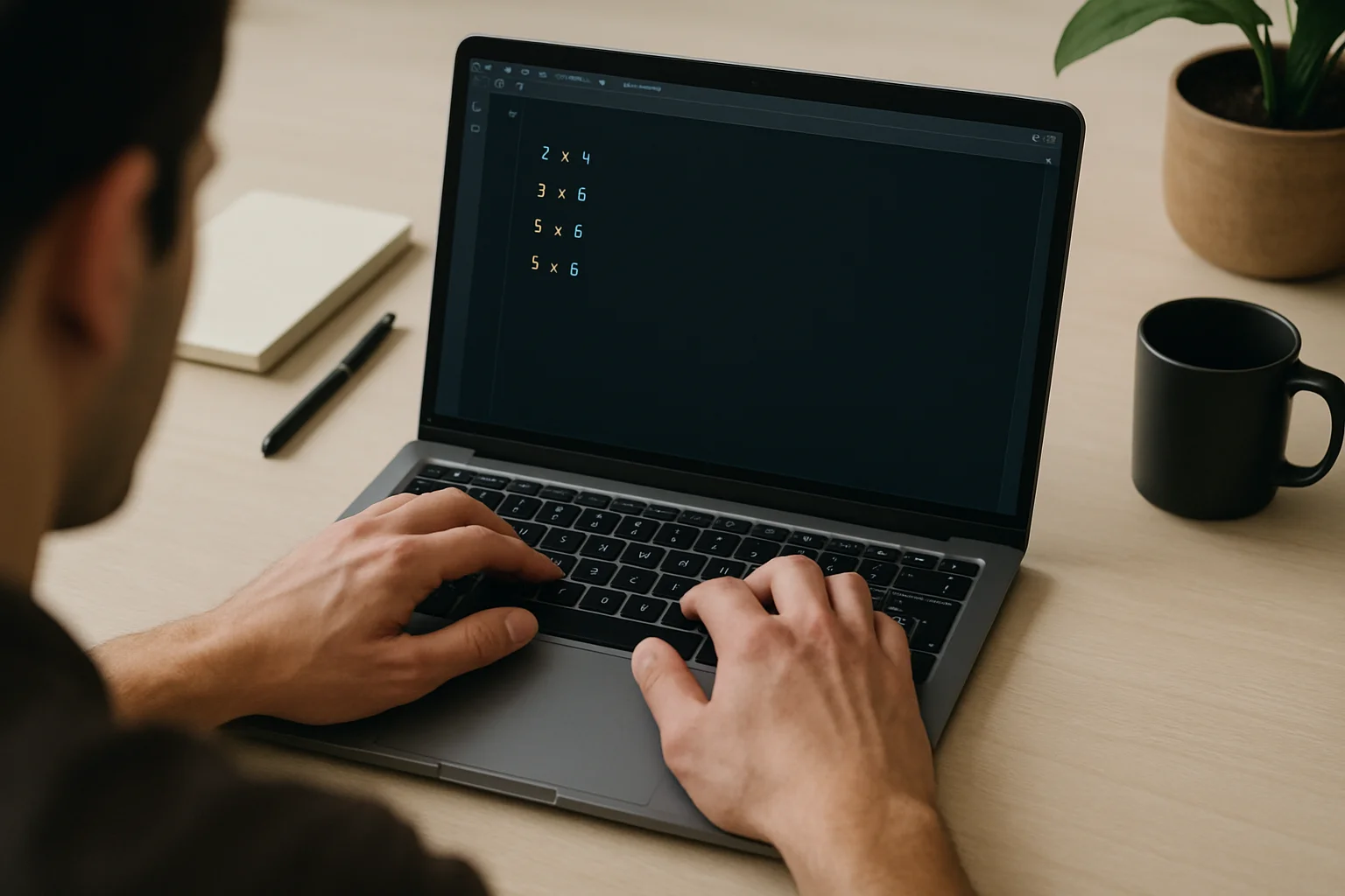 Des mains utilisent un ordinateur portable pour saisir des calculs Python avec addition, soustraction, multiplication et division sur un bureau sobre.