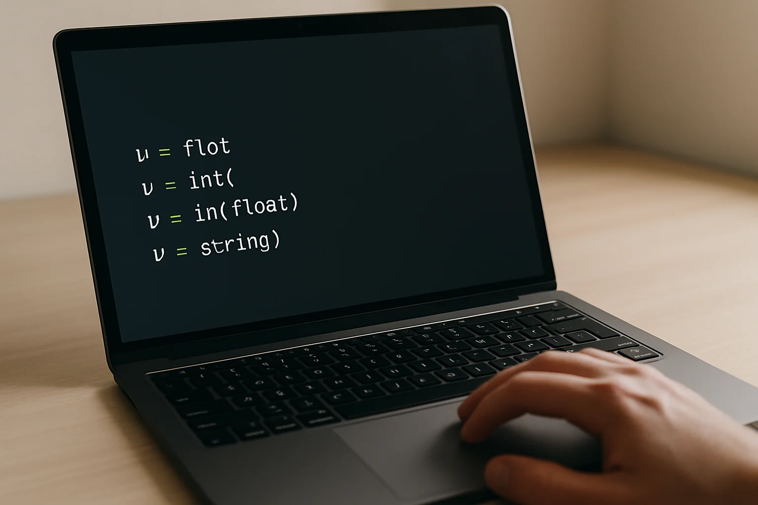 Gros plan sur un ordinateur portable affichant du code Python de conversion d’un nombre d’un type vers un autre, avec une main sur le pavé tactile.