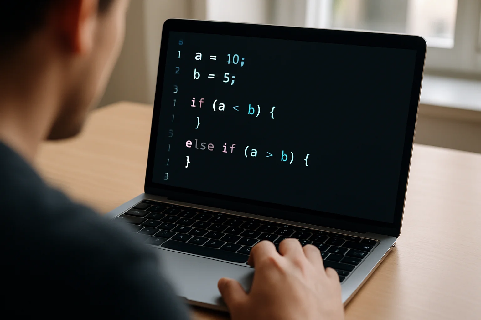 Vue rapprochée d’un ordinateur portable sur un bureau, avec une scène de code montrant une comparaison entre deux nombres avec des opérateurs inférieur et supérieur, une main près du pavé tactile.