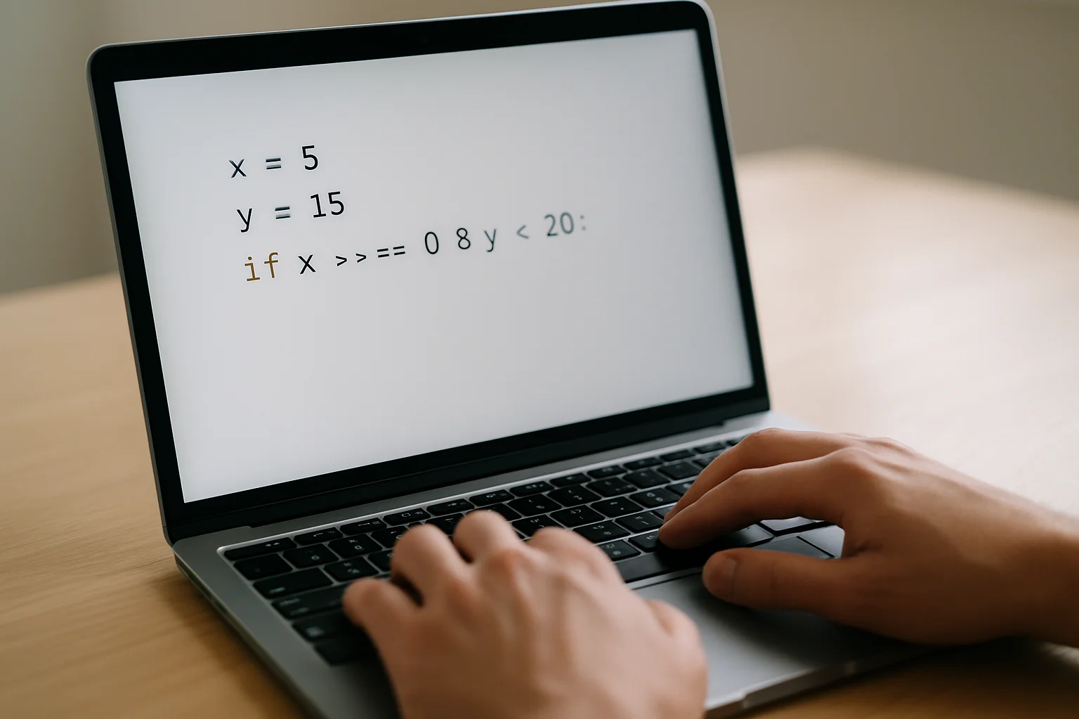 Gros plan sur un ordinateur portable montrant un exemple de code où deux conditions sont combinées dans une même instruction conditionnelle, avec les mains posées sur le clavier.