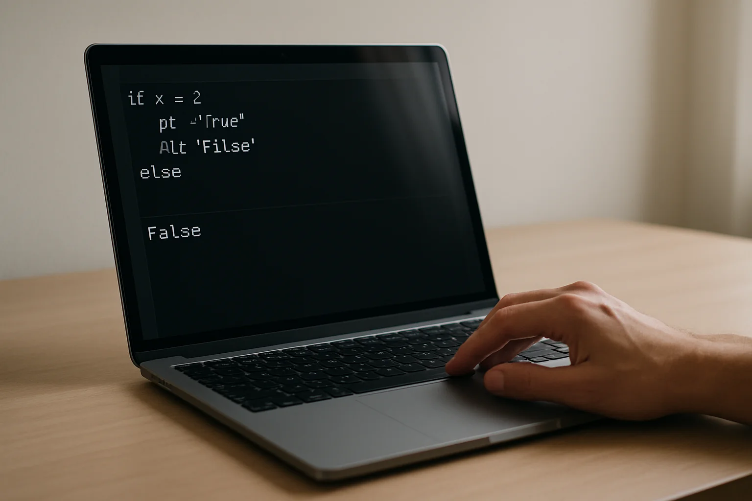 Photo en angle latéral d’un ordinateur portable sur un bureau nu, affichant une condition en Python et le résultat visible après exécution, avec une main appuyant sur une touche.