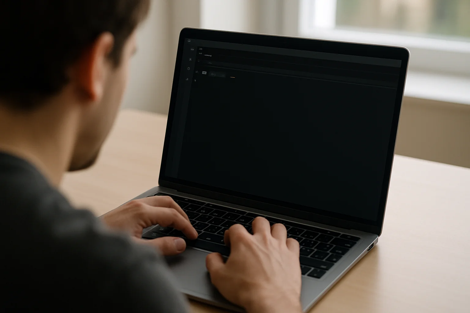 Une personne écrit sur un ordinateur portable une courte fonction Python utilisant des arguments variables, vue par-dessus l’épaule sur un bureau simple.