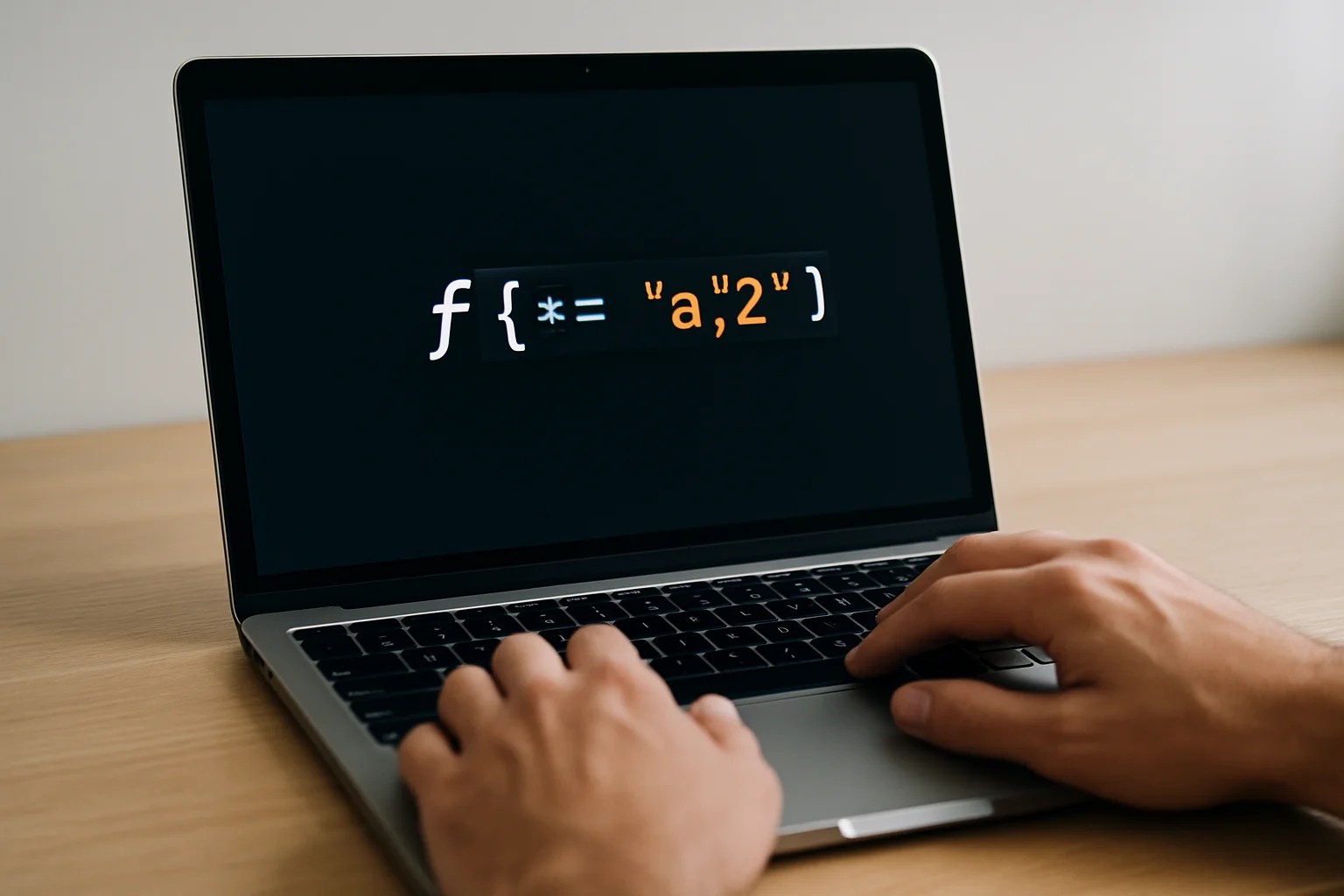 Un ordinateur portable affiche un appel de fonction Python avec déballage d’un dictionnaire à l’aide de deux étoiles, avec des mains proches du clavier.