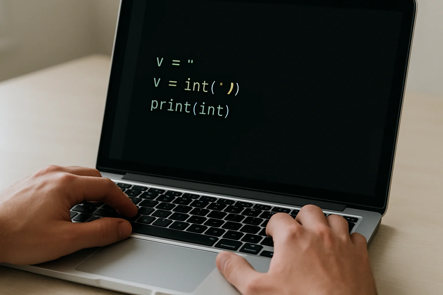 Gros plan sur un ordinateur portable montrant un exemple Python où un texte numérique est converti en entier.
