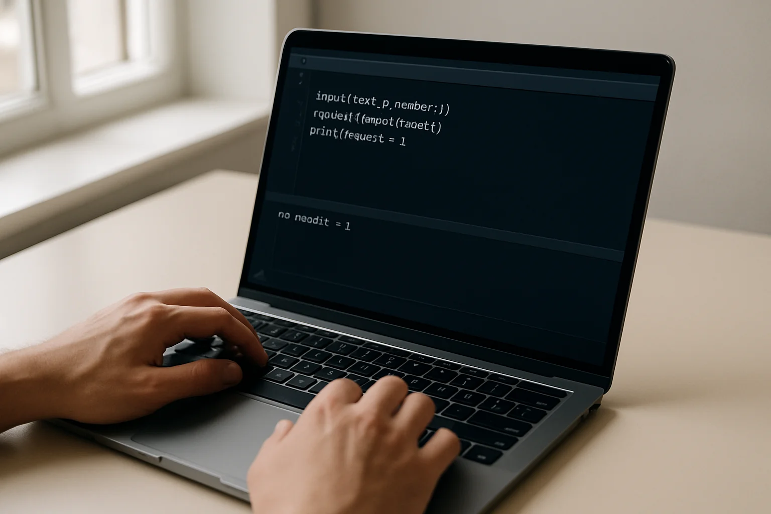 Un ordinateur portable affiche un mini-script Python qui convertit une saisie utilisateur avant un calcul, avec des mains près du clavier.
