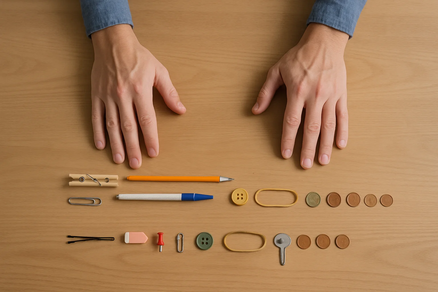 Deux rangées d’objets du quotidien de longueurs différentes sont étalées sur une table pendant qu’une personne vérifie visuellement qu’elles n’ont pas la même taille avant de les associer.
