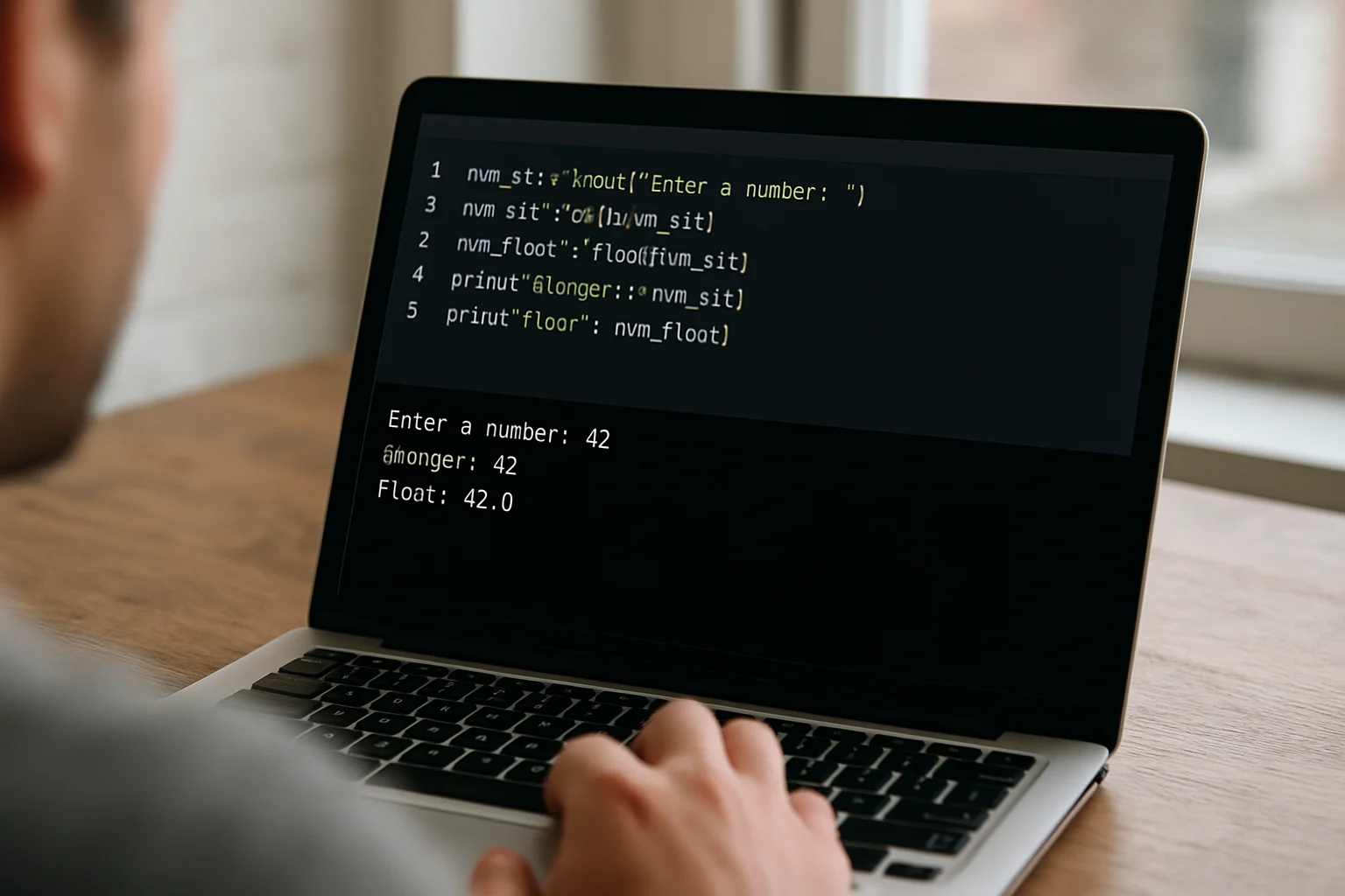 Ordinateur affichant un script Python utilisant input() avec conversion de la saisie en nombre dans la console.