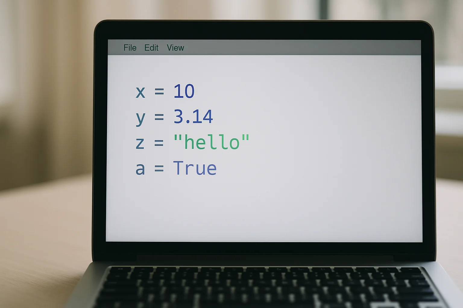 Gros plan sur un écran d’ordinateur affichant un script Python avec quatre variables correspondant aux types int, float, str et bool.