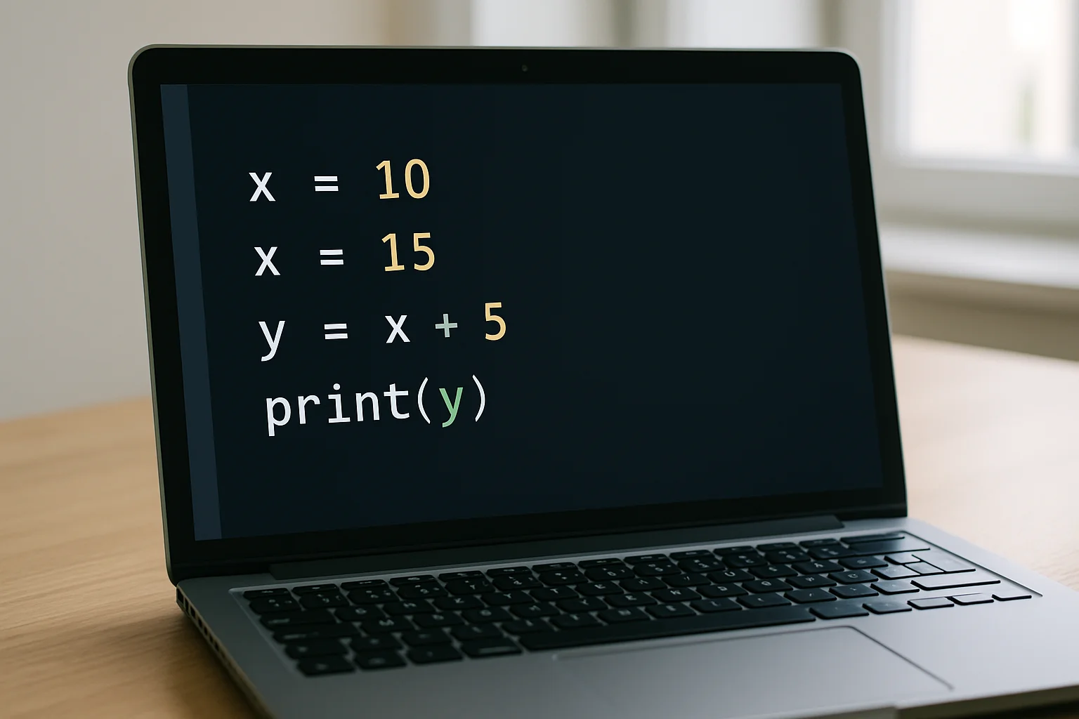 Écran d’ordinateur montrant du code Python avec affectation, réaffectation d’une variable et calcul simple.